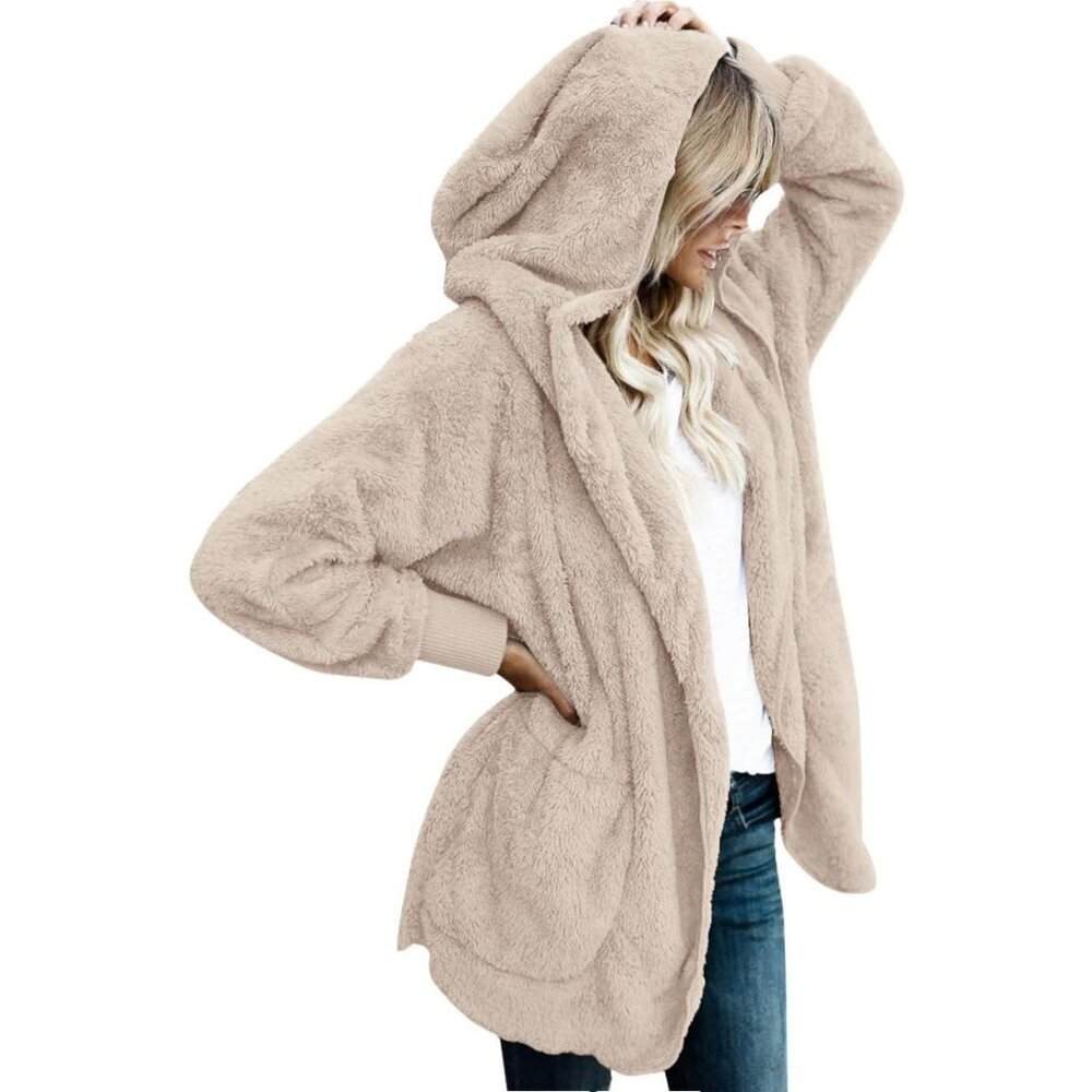 Women's Light Khaki Open Front Sherpa Vest Jacket Coat Hooded Fuzzy Sweater